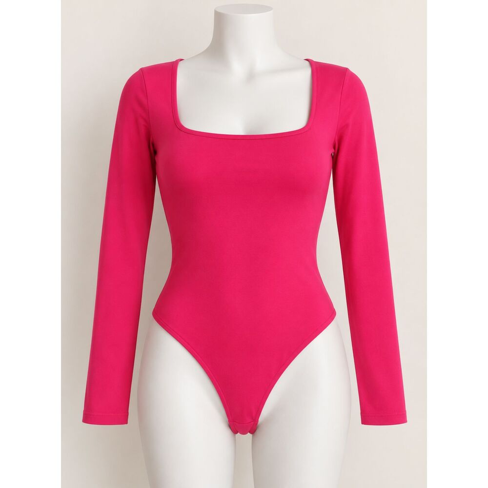 MANGOPOP Women’s Hot Pink Square Neck Long Sleeve Stretch Bodysuit Size M